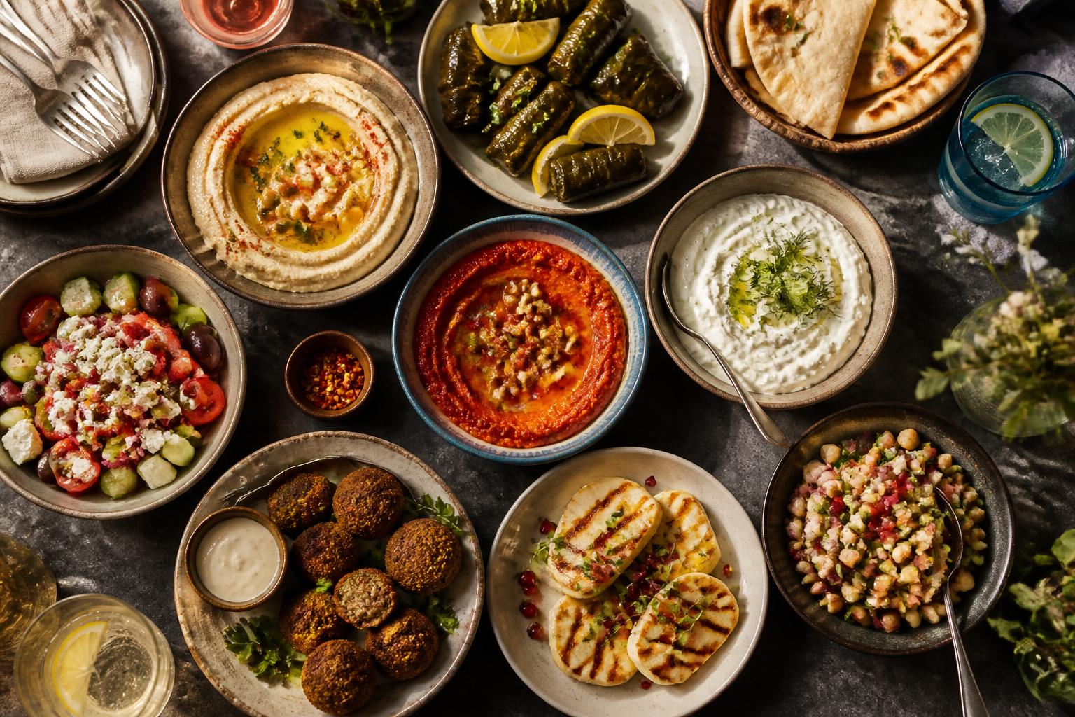 Mediterranean meze sharing table with hummus, muhammara, falafel and grilled halloumi