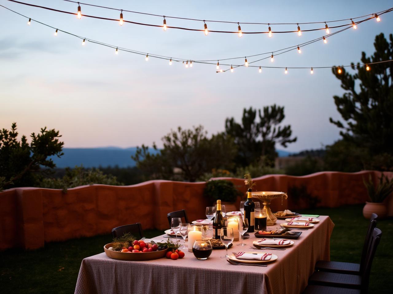 Private party catering table set outdoors at dusk